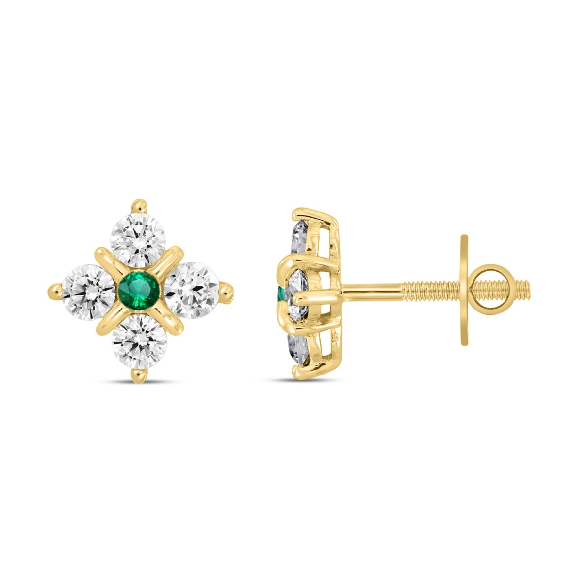 14K YELLOW GOLD 1 1/2CT ROUND DIAMOND LADIES EARRINGS (GREEN EMERALD ROUND 8 STONE)