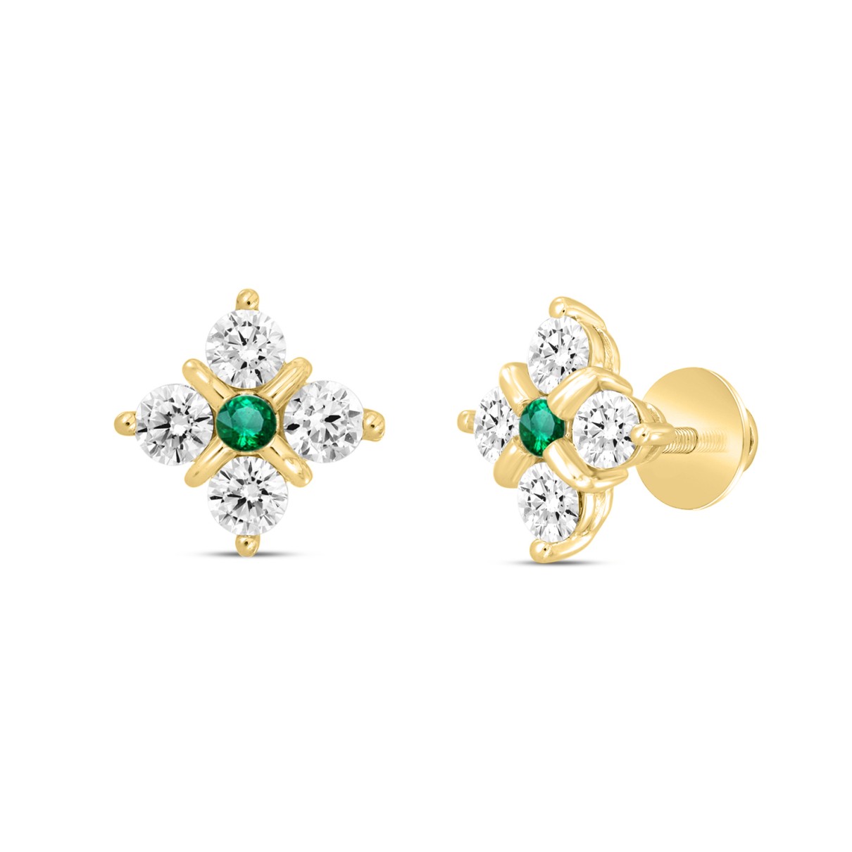 14K YELLOW GOLD 1 1/2CT ROUND DIAMOND LADIES EARRINGS (GREEN EMERALD ROUND 8 STONE)