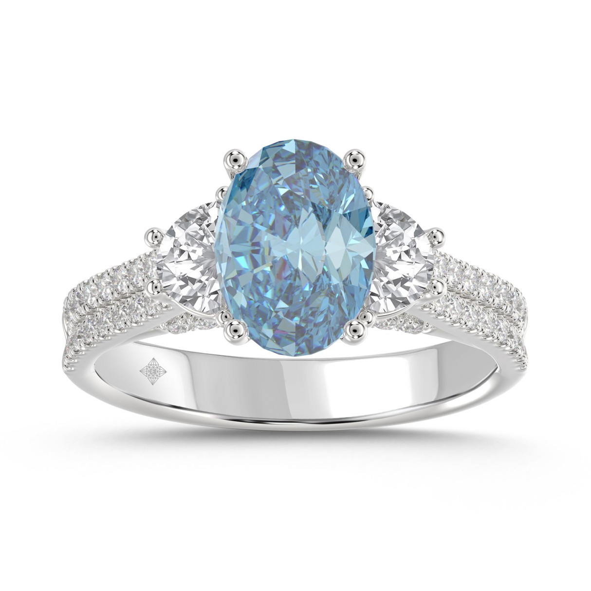 14K WHITE GOLD 3.00CT ROUND/BLUE SAPPHIRE OVAL/HALF MOON DIAMOND LADIES RING (CENTER STONE BLUE SAPPHIRE OVAL DIAMOND 2CT)