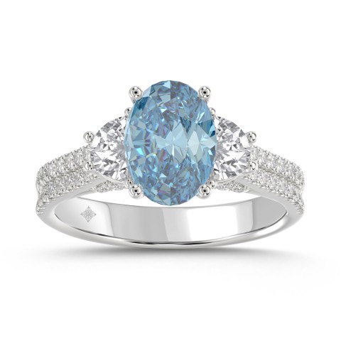 14K WHITE GOLD 3.00CT ROUND/BLUE SAPPHIRE OVAL/HALF MOON DIAMOND LADIES RING (CENTER STONE BLUE SAPPHIRE OVAL DIAMOND 2CT)