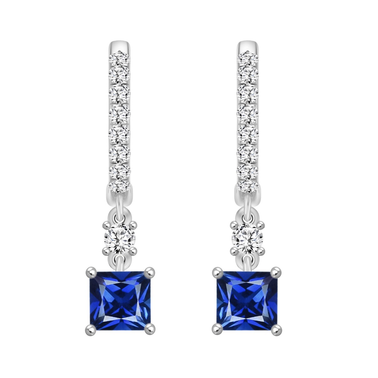 14K WHITE GOLD 1 1/4CT ROUND DIAMOND LADIES EARRINGS (BLUE SAPPHIRE PRINCESS 2 STONE)