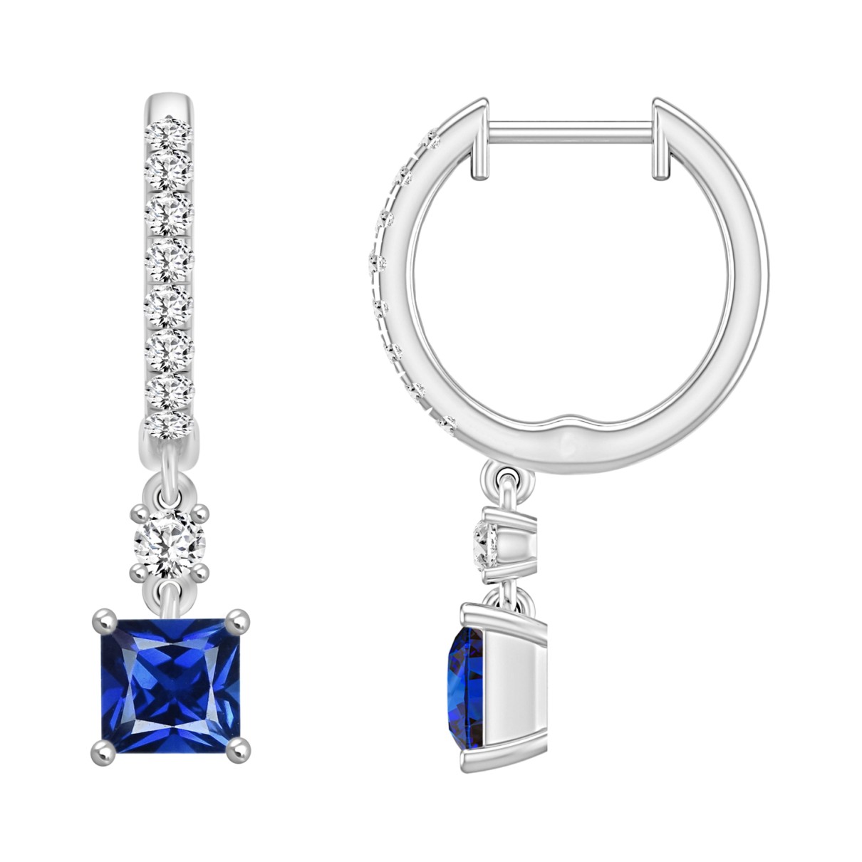 14K WHITE GOLD 1 1/4CT ROUND DIAMOND LADIES EARRINGS (BLUE SAPPHIRE PRINCESS 2 STONE)