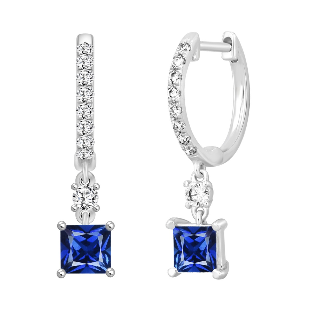 14K WHITE GOLD 1 1/4CT ROUND DIAMOND LADIES EARRINGS (BLUE SAPPHIRE PRINCESS 2 STONE)