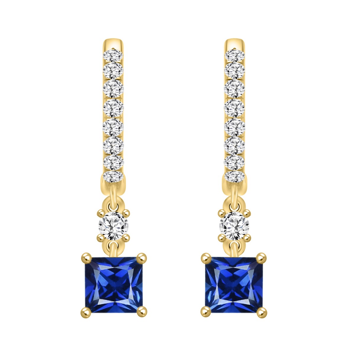 14K YELLOW GOLD 1 1/4CT ROUND DIAMOND LADIES EARRINGS (BLUE SAPPHIRE PRINCESS 2 STONE)