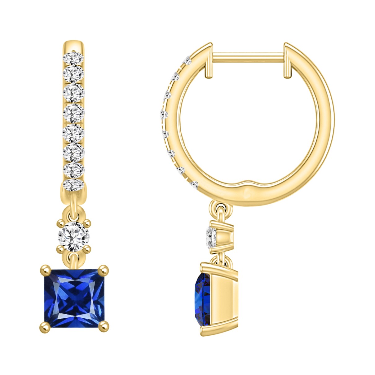 14K YELLOW GOLD 1 1/4CT ROUND DIAMOND LADIES EARRINGS (BLUE SAPPHIRE PRINCESS 2 STONE)