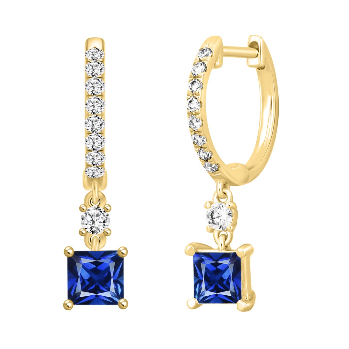 14K YELLOW GOLD 1 1/4CT ROUND DIAMOND LADIES EARRINGS (BLUE SAPPHIRE PRINCESS 2 STONE)