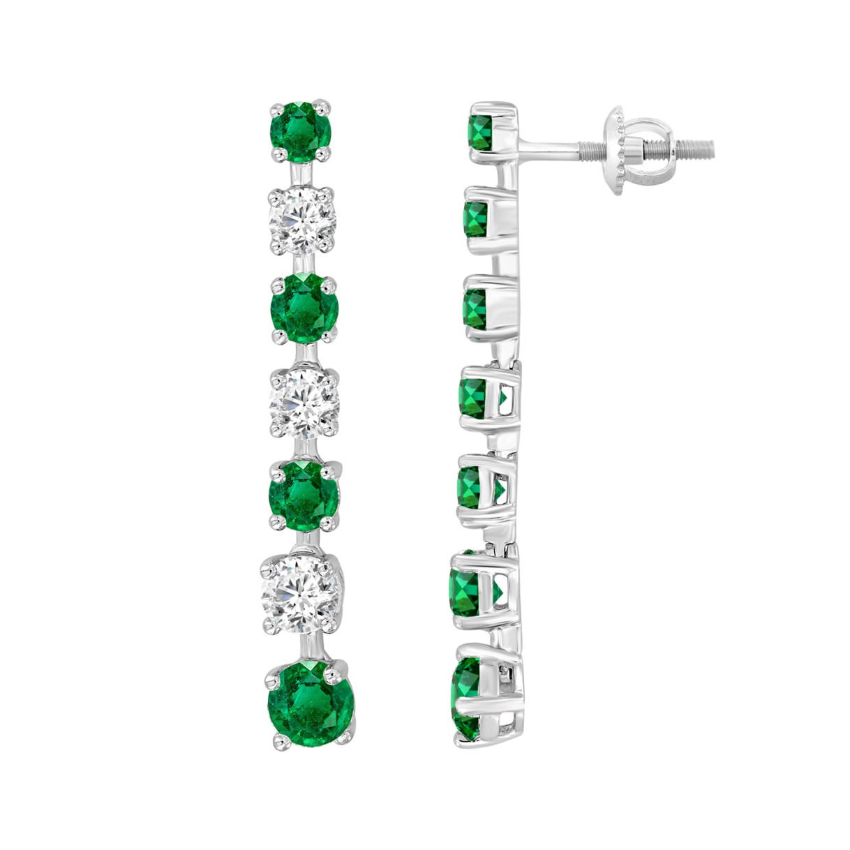 14K WHITE GOLD 3.00CT ROUND DIAMOND LADIES EARRINGS (GREEN EMERALD ROUND 2 1/5CT)