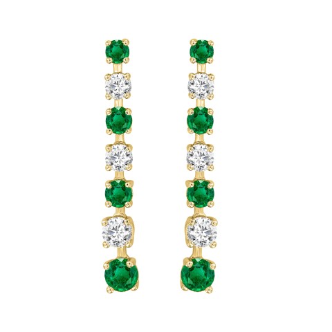 14K YELLOW GOLD 3.00CT ROUND DIAMOND LADIES EARRINGS (GREEN EMERALD ROUND 2 1/5CT)