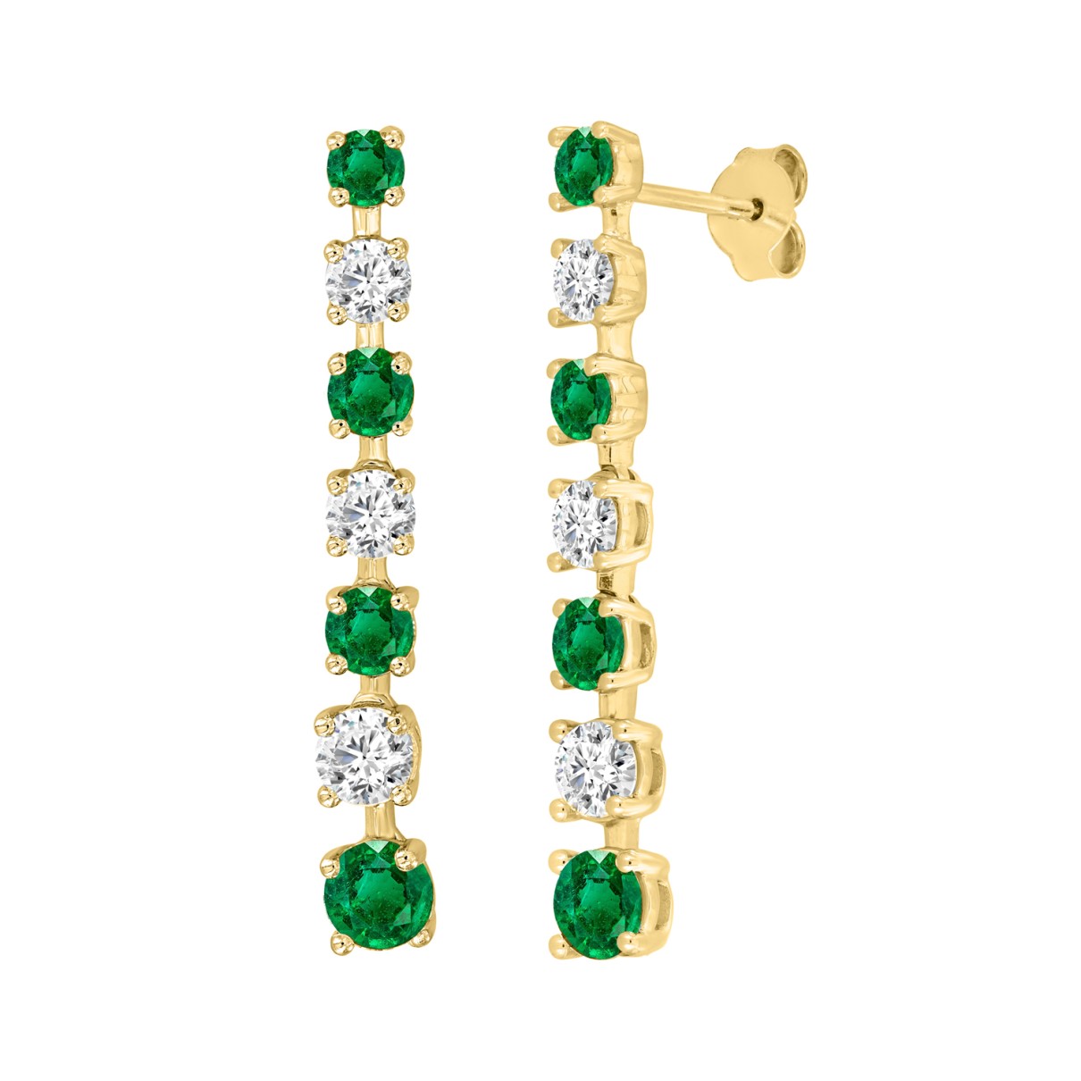 14K YELLOW GOLD 3.00CT ROUND DIAMOND LADIES EARRINGS (GREEN EMERALD ROUND 2 1/5CT)