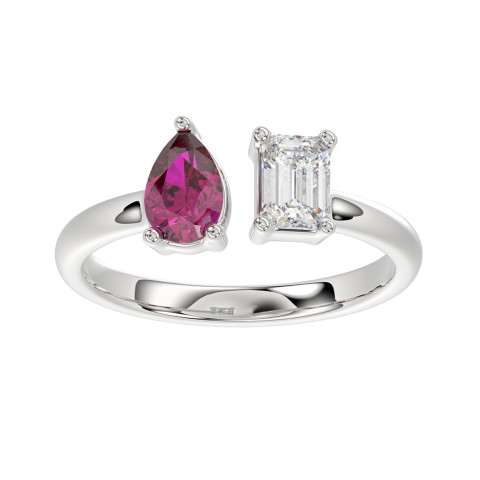 14K WHITE GOLD 1.00CT EMERALD/PEAR RUBY DIAMOND LADIES RING