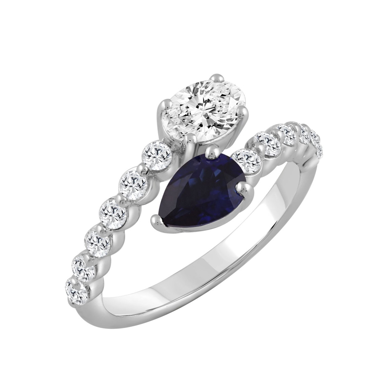 LADIES RING 1 1/2CT ROUND/PEAR BLUE/OVAL DIAMOND 14K WHITE GOLD 
