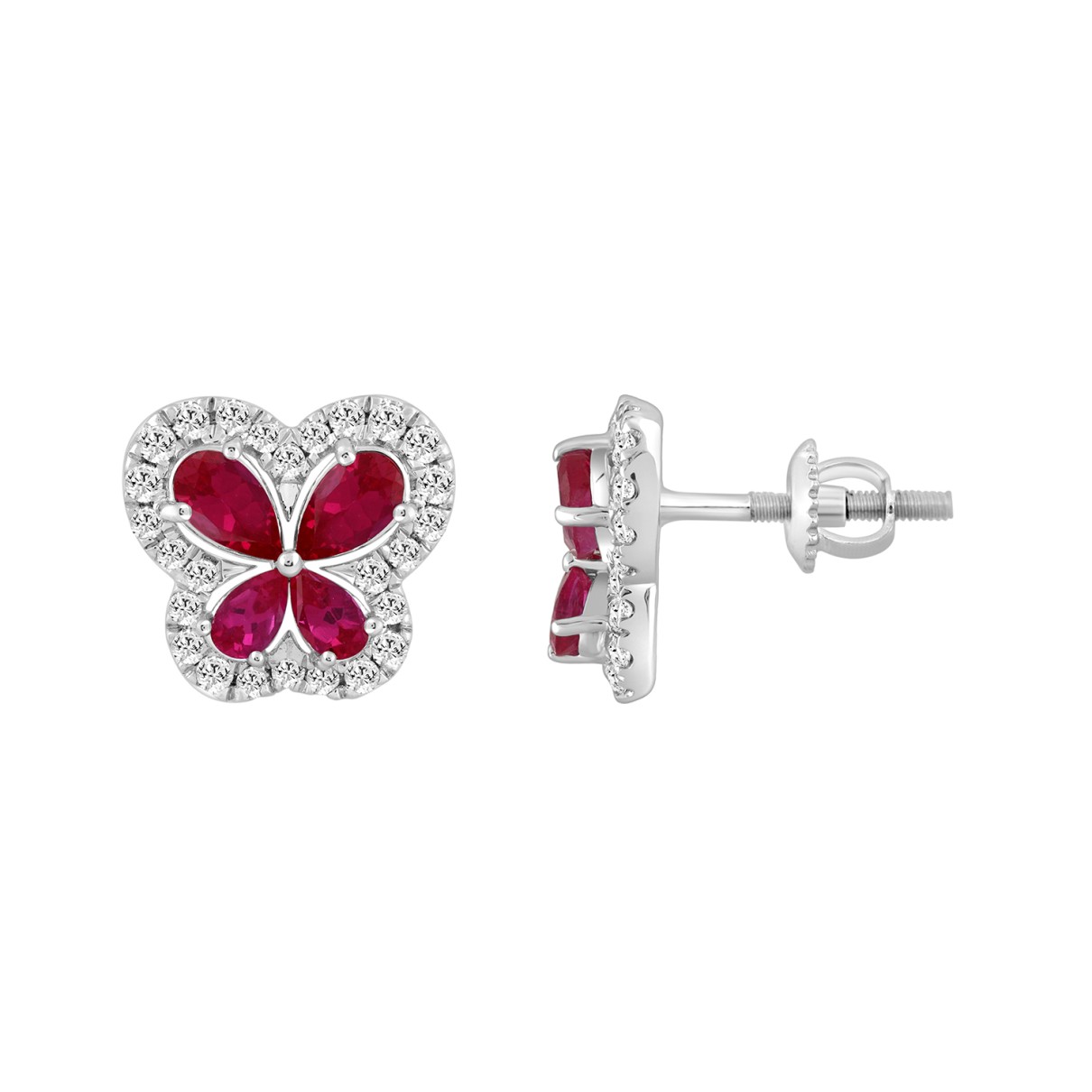 14K WHITE GOLD 1 1/2CT ROUND/RUBY DIAMOND LADIES EARRINGS (RUBY DIAMOND 8 STONE)