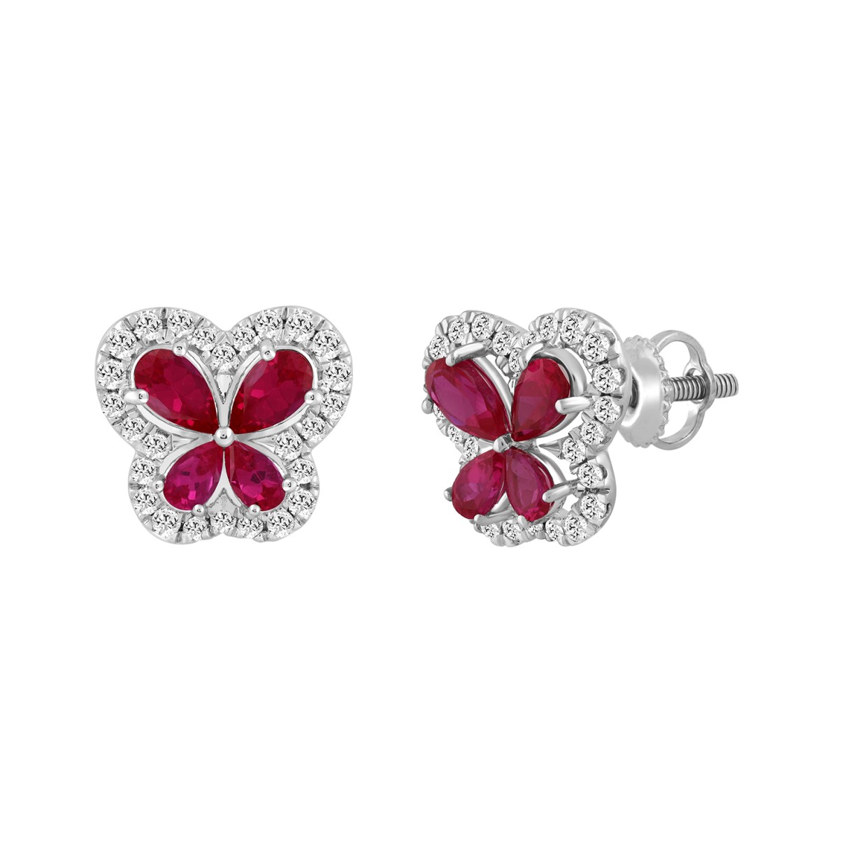 14K WHITE GOLD 1 1/2CT ROUND/RUBY DIAMOND LADIES EARRINGS (RUBY DIAMOND 8 STONE)