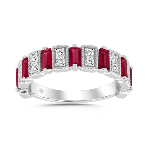 LADIES BAND 1/3CT ROUND/BAGUETTE DIAMOND 14K WHITE GOLD (CENTER STONE RUBY DIAMOND 3/4CT )