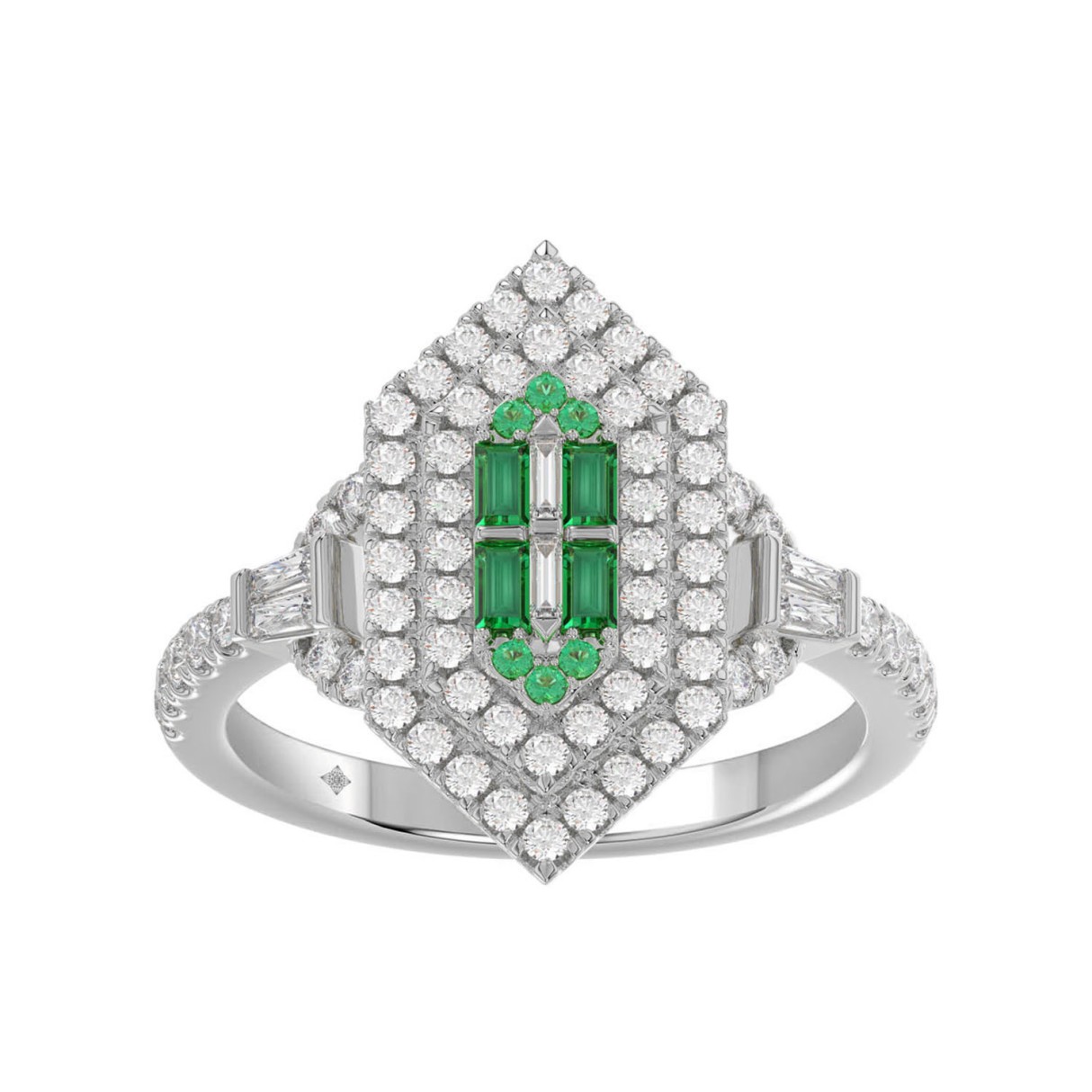 LADIES RING 7/8CT ROUND/BAGUETTE/EMERALD DIAMOND 14K WHITE GOLD 