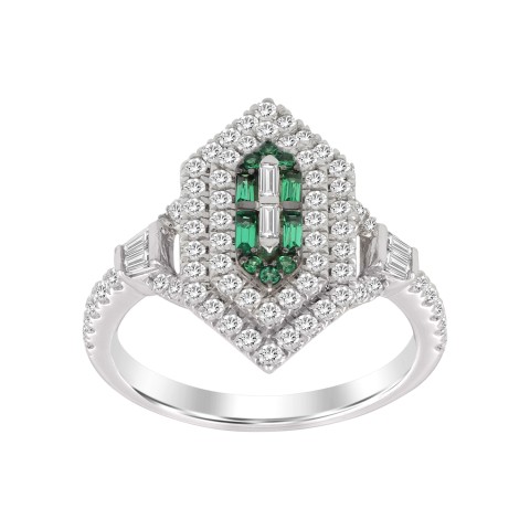 LADIES RING 7/8CT ROUND/BAGUETTE/EMERALD DIAMOND 14K WHITE GOLD 