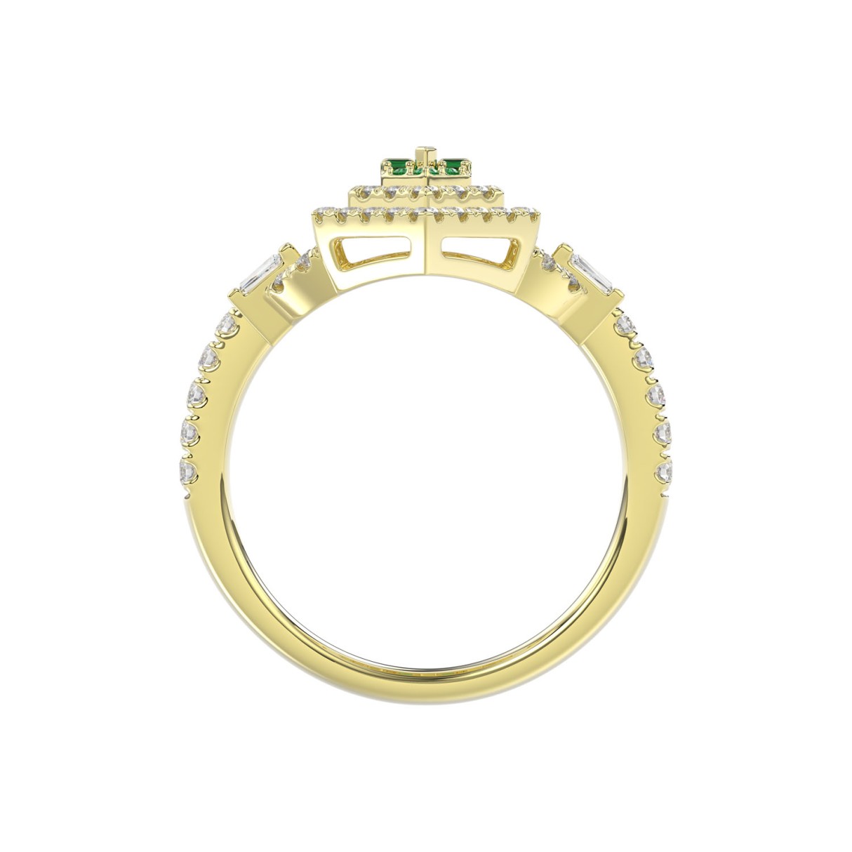 14K YELLOW GOLD 1 1/6CT ROUND/BAGUETTE/EMERALD DIAMOND LADIES RING (CENTER STONE EMERALD BAGUETTE DIAMOND 1/6CT/EMERALD ROUND DIAMOND 0.05CT)