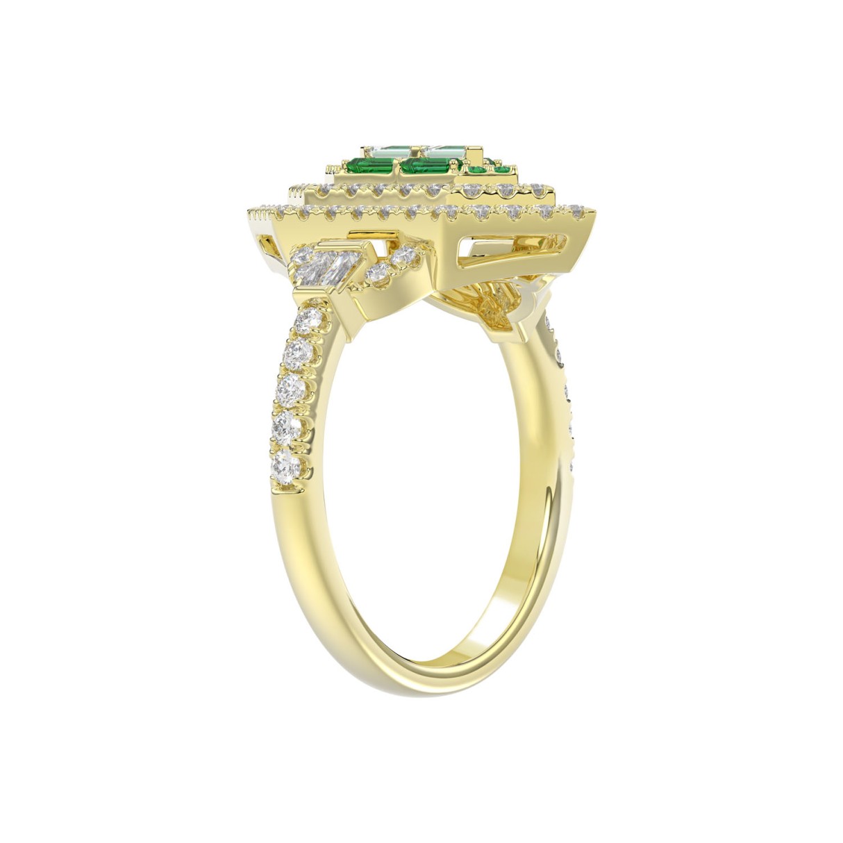 14K YELLOW GOLD 1 1/6CT ROUND/BAGUETTE/EMERALD DIAMOND LADIES RING (CENTER STONE EMERALD BAGUETTE DIAMOND 1/6CT/EMERALD ROUND DIAMOND 0.05CT)