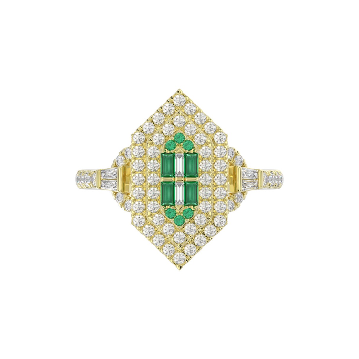 14K YELLOW GOLD 1 1/6CT ROUND/BAGUETTE/EMERALD DIAMOND LADIES RING (CENTER STONE EMERALD BAGUETTE DIAMOND 1/6CT/EMERALD ROUND DIAMOND 0.05CT)