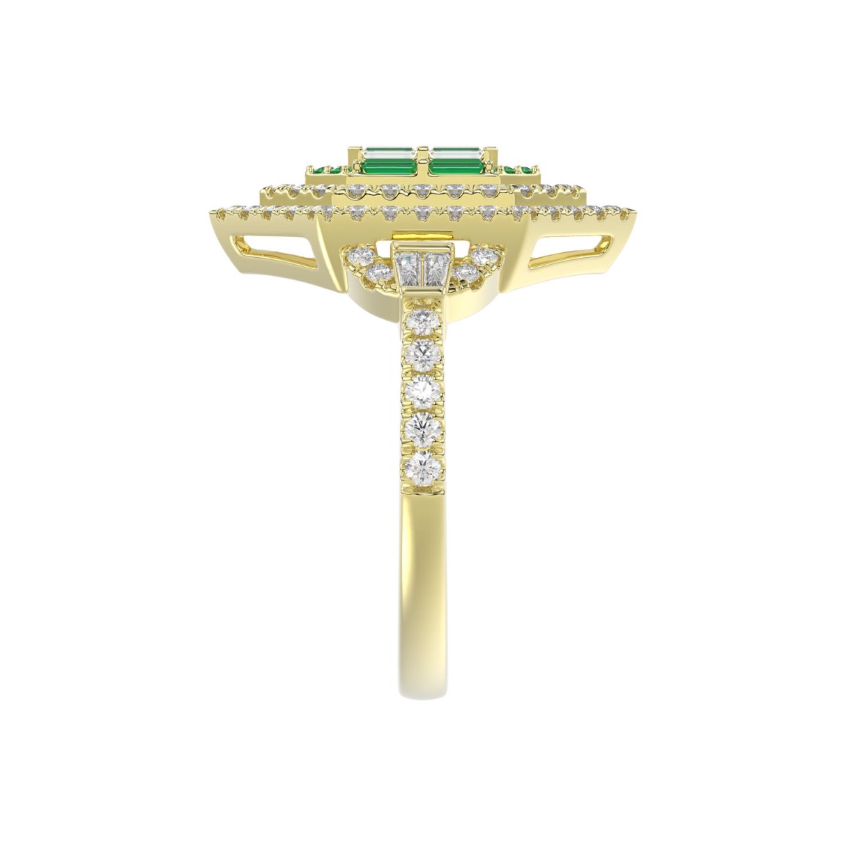 14K YELLOW GOLD 1 1/6CT ROUND/BAGUETTE/EMERALD DIAMOND LADIES RING (CENTER STONE EMERALD BAGUETTE DIAMOND 1/6CT/EMERALD ROUND DIAMOND 0.05CT)