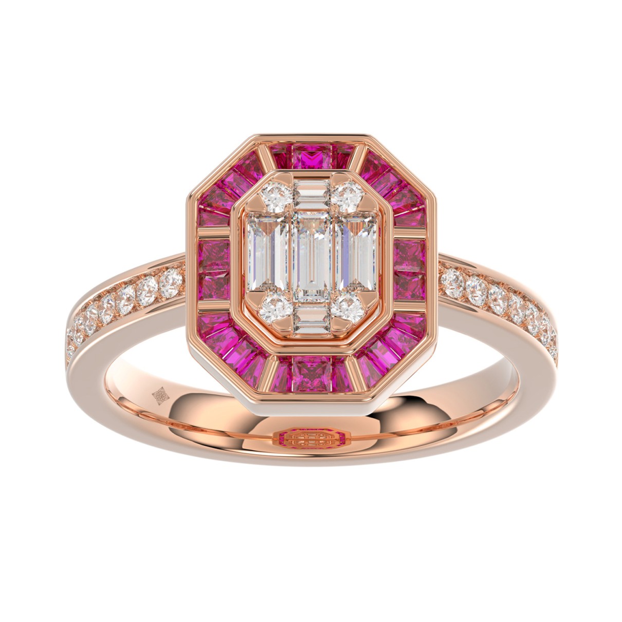 LADIES RING 1/2CT ROUND/BAGUETTE/PRINCESS DIAMOND 14K ROSE GOLD (CENTER STONE PRINCESS/BAGUETTE/RUBY DIAMOND 1/4CT )