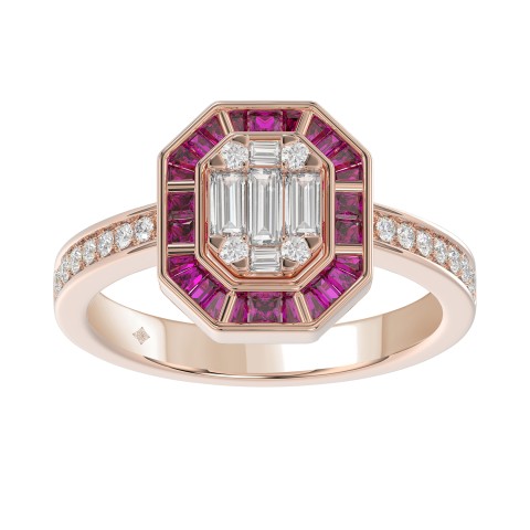 LADIES RING 1/2CT ROUND/BAGUETTE/PRINCESS DIAMOND 14K ROSE GOLD (CENTER STONE PRINCESS/BAGUETTE/RUBY DIAMOND 1/4CT )