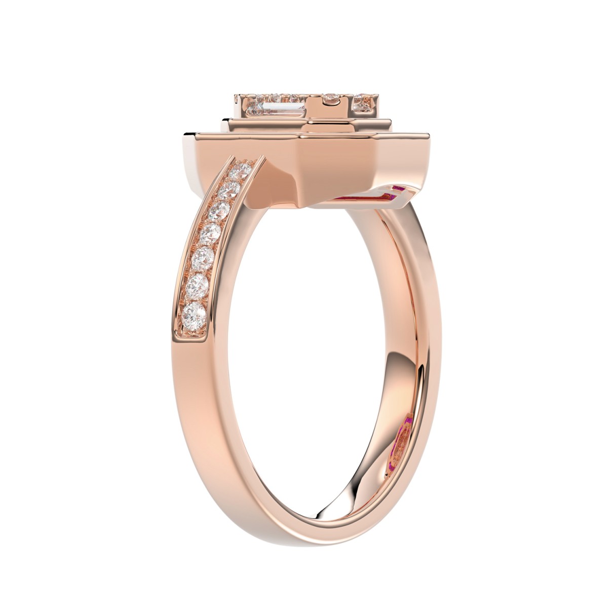 LADIES RING 1/2CT ROUND/BAGUETTE/PRINCESS DIAMOND 14K ROSE GOLD (CENTER STONE PRINCESS/BAGUETTE/RUBY DIAMOND 1/4CT )