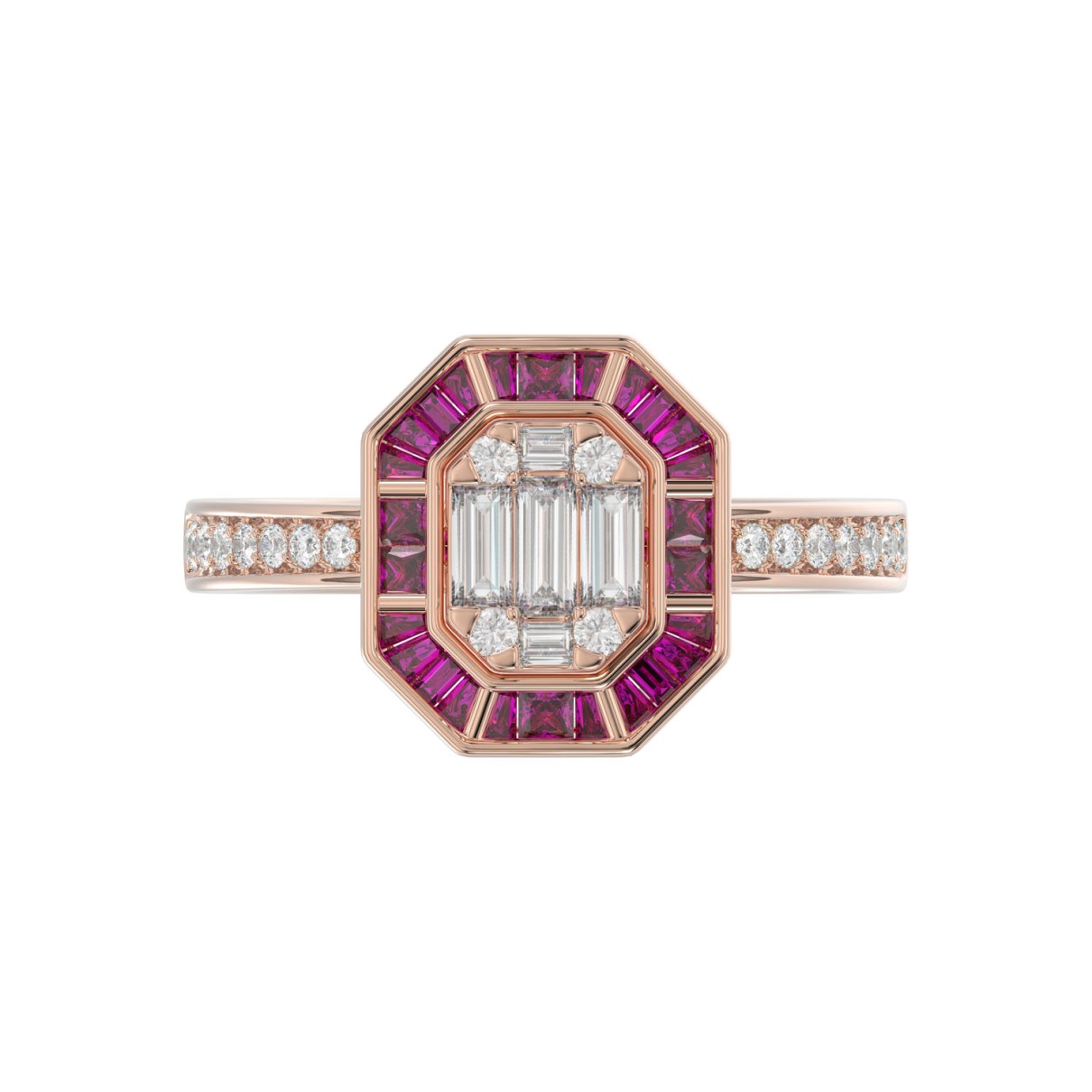 LADIES RING 1/2CT ROUND/BAGUETTE/PRINCESS DIAMOND 14K ROSE GOLD (CENTER STONE PRINCESS/BAGUETTE/RUBY DIAMOND 1/4CT )