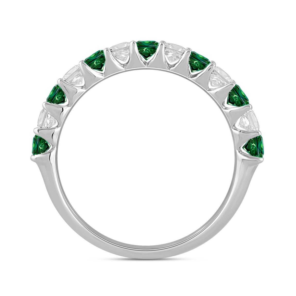 14K White Gold 1.00 CT Princess Green Emerald & White Diamond Alternating Band Ring