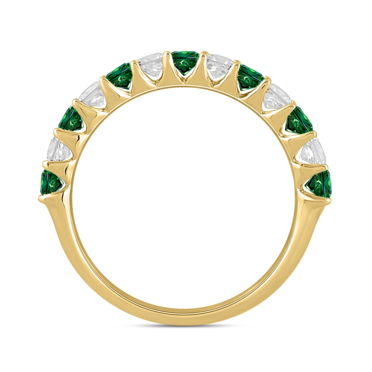 14K Yellow Gold 1.00 CT Princess Green Emerald & White Diamond Alternating Band Ring