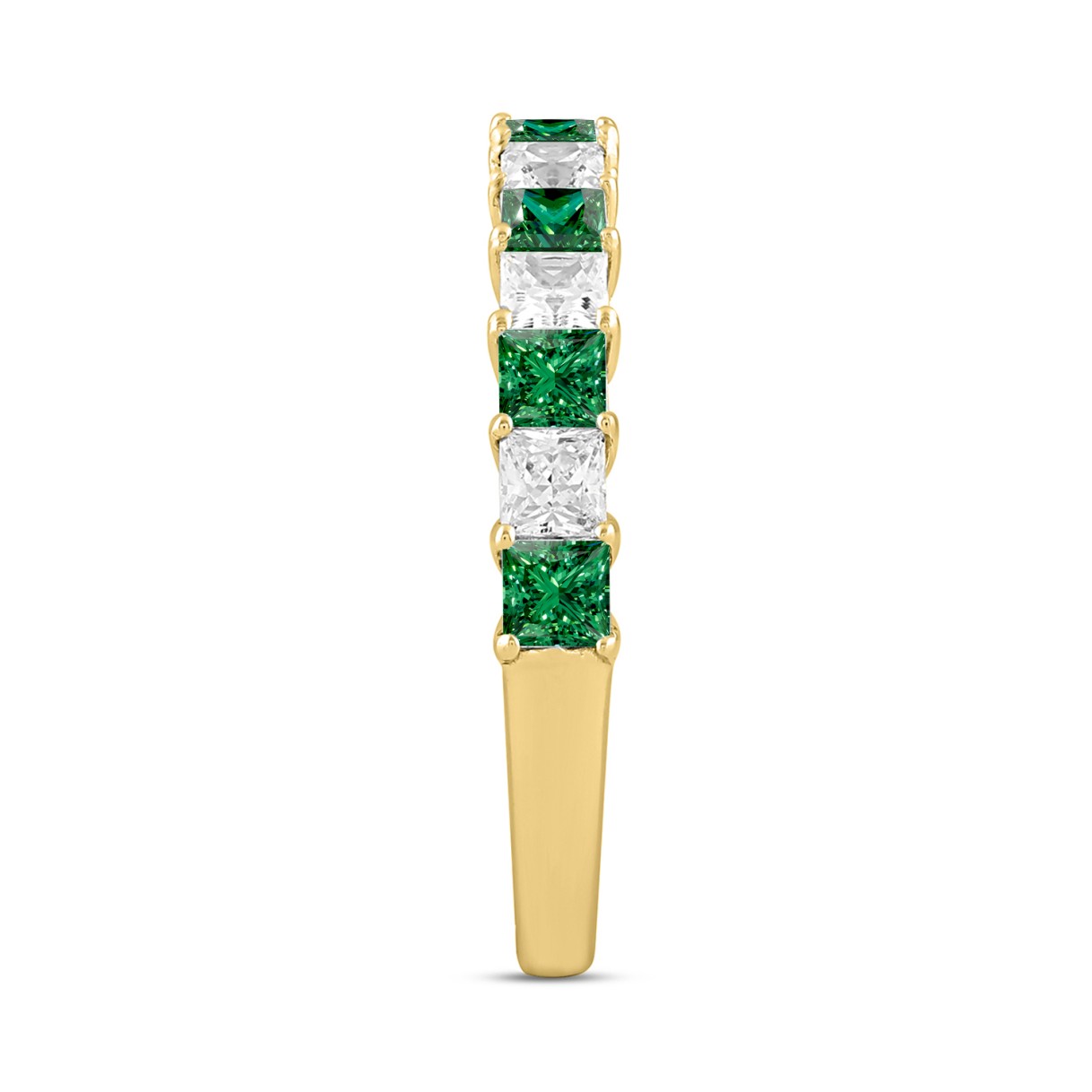14K Yellow Gold 1.00 CT Princess Green Emerald & White Diamond Alternating Band Ring