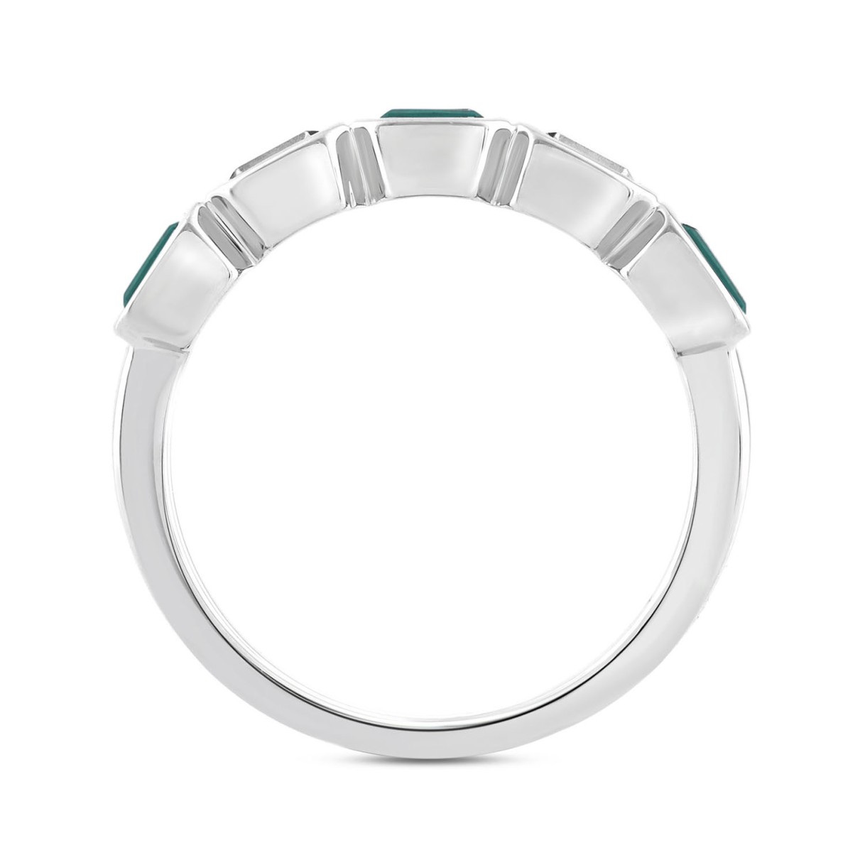 14K White Gold 1.00 CT Green Emerald & White Diamond Alternating Band Ring