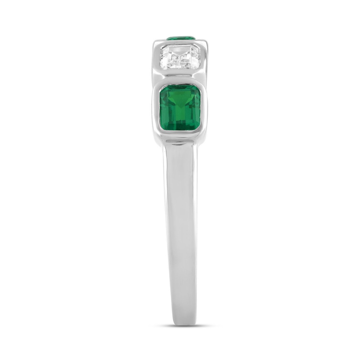 14K White Gold 1.00 CT Green Emerald & White Diamond Alternating Band Ring