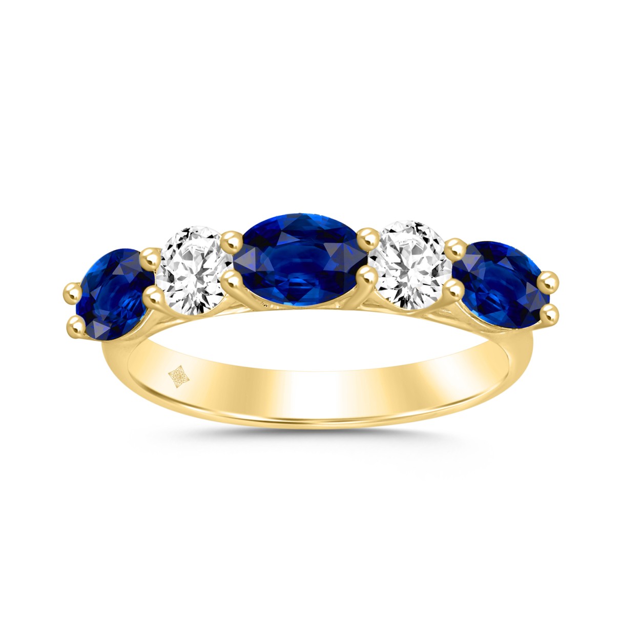 14k Yellow Gold  2CT five-stone ladies Band featuring alternating Round/Oval blue sapphires diamonds (Color F-G -Clarity VS1/VS2)