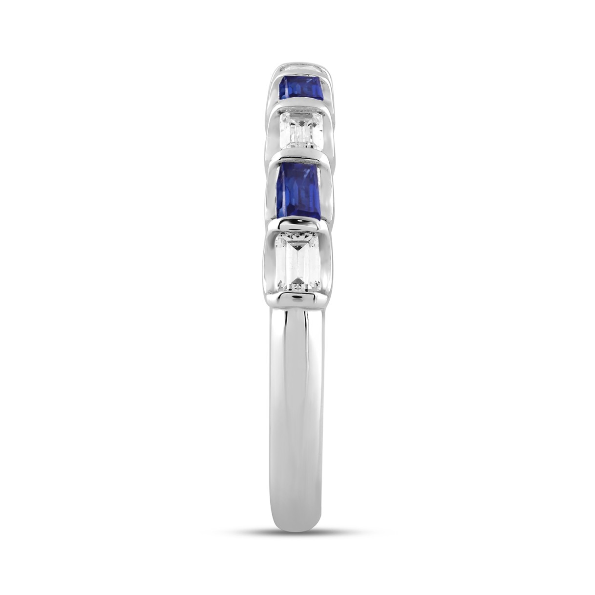 14K White Gold 1.00 CT Emerald Blue Sapphire & White Diamond Alternating Band Ring