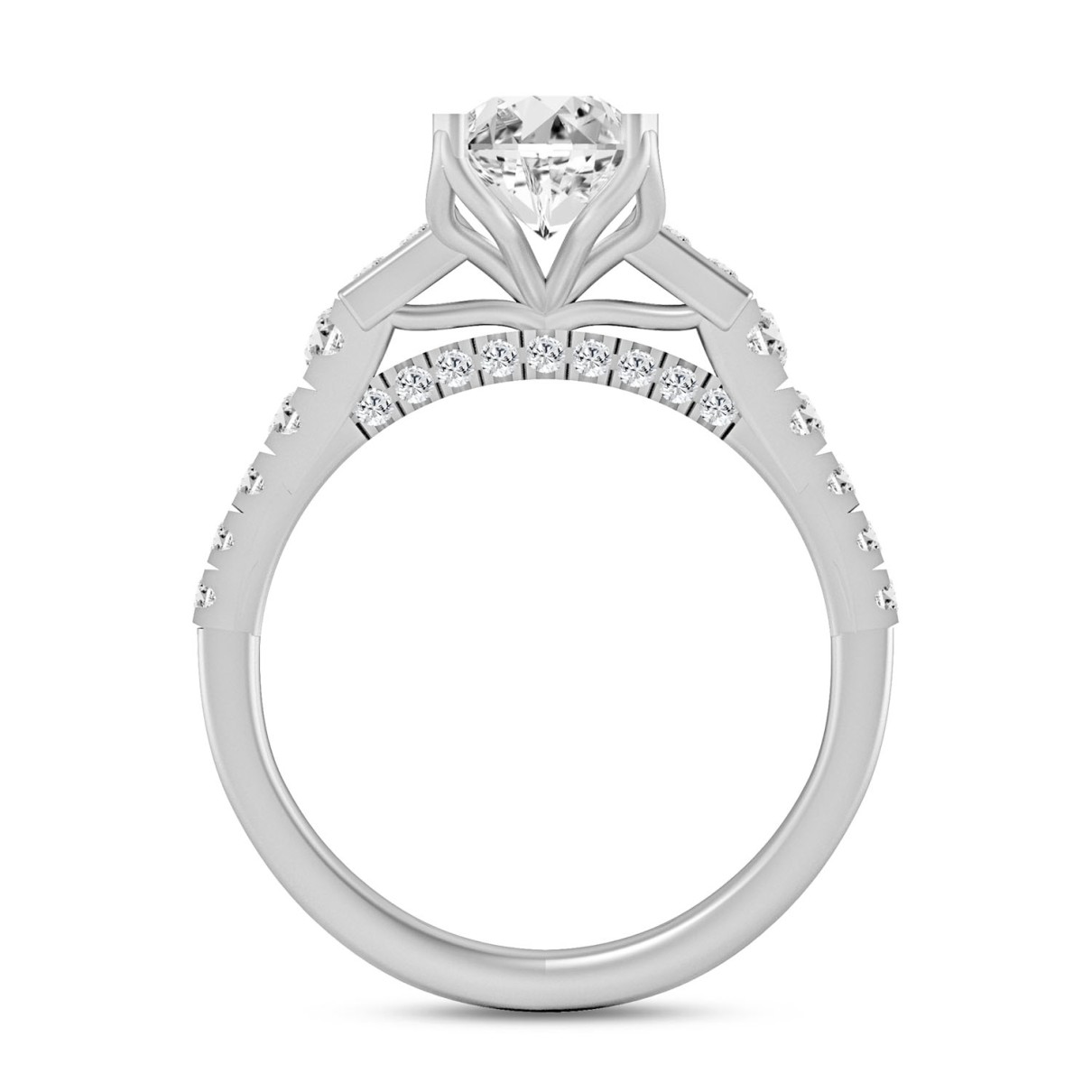 LADIES RING 3CT ROUND/BAGUETTE/EMERALD DIAMOND 14K WHITE GOLD (CENTER STONE EMERALD DIAMOND 2CT )