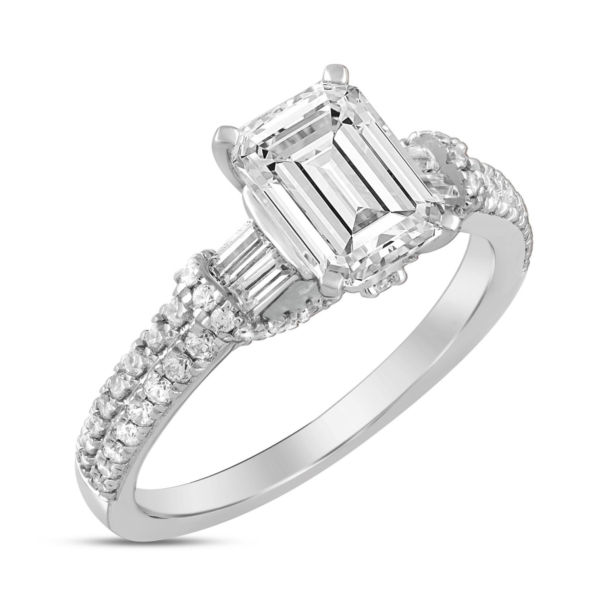 LADIES RING 2 1/2CT ROUND/BAGUETTE/EMERALD DIAMOND 14K WHITE GOLD (CENTER STONE EMERALD DIAMOND 2CT )