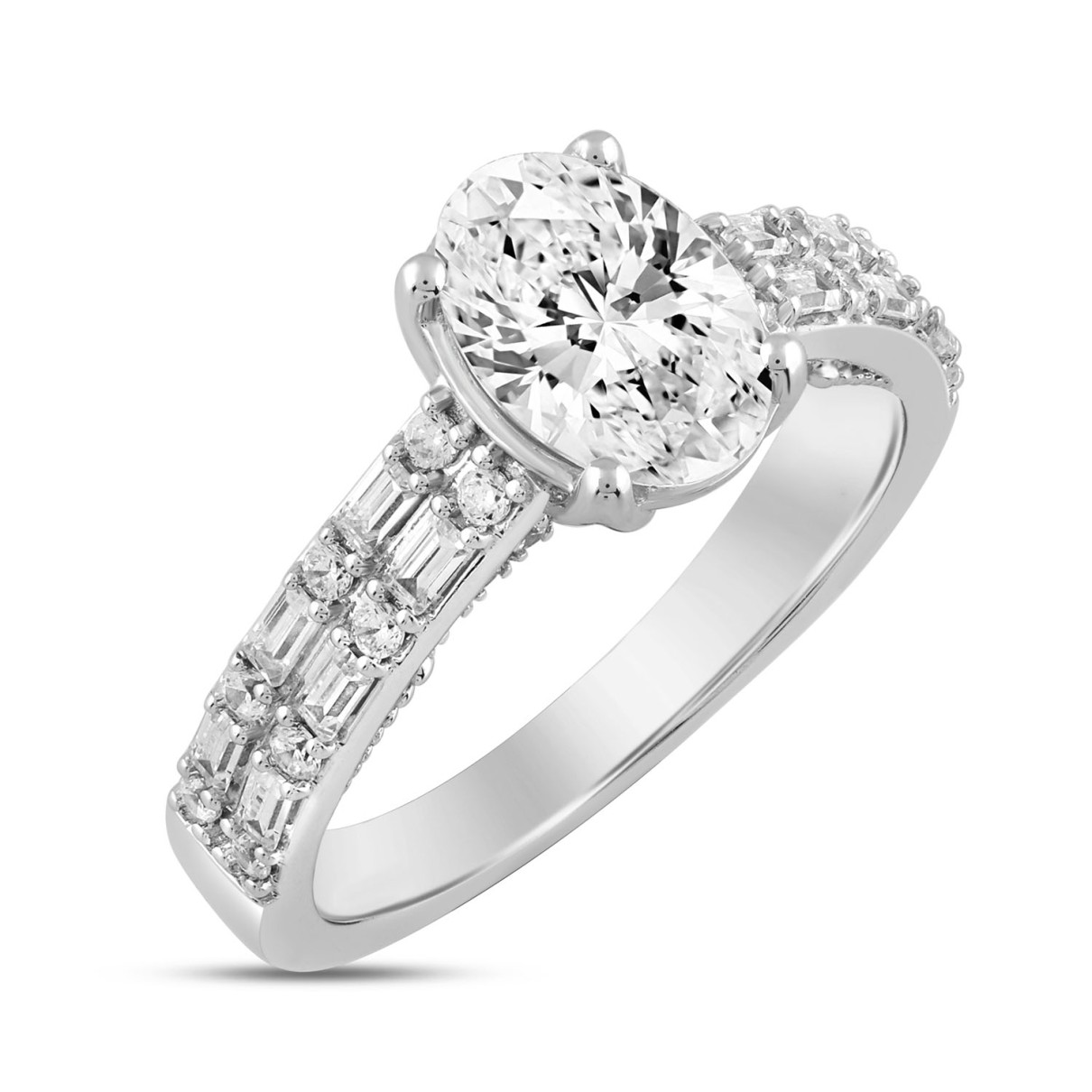 LADIES RING 2 1/2CT ROUND/BAGUETTE/OVAL DIAMOND 14K WHITE GOLD (CENTER STONE OVAL DIAMOND 2CT )