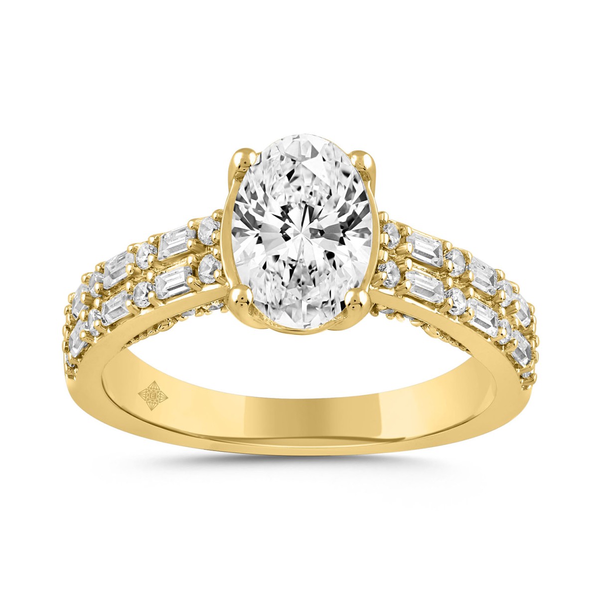 LADIES RING 2 1/2CT ROUND/BAGUETTE/OVAL DIAMOND 14K YELLOW GOLD (CENTER STONE OVAL DIAMOND 2CT )