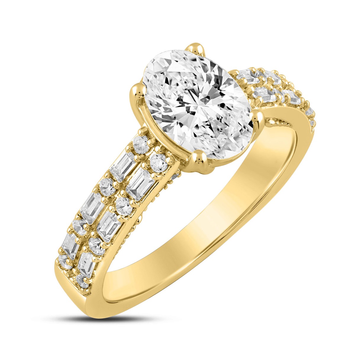 LADIES RING 2 1/2CT ROUND/BAGUETTE/OVAL DIAMOND 14K YELLOW GOLD (CENTER STONE OVAL DIAMOND 2CT )