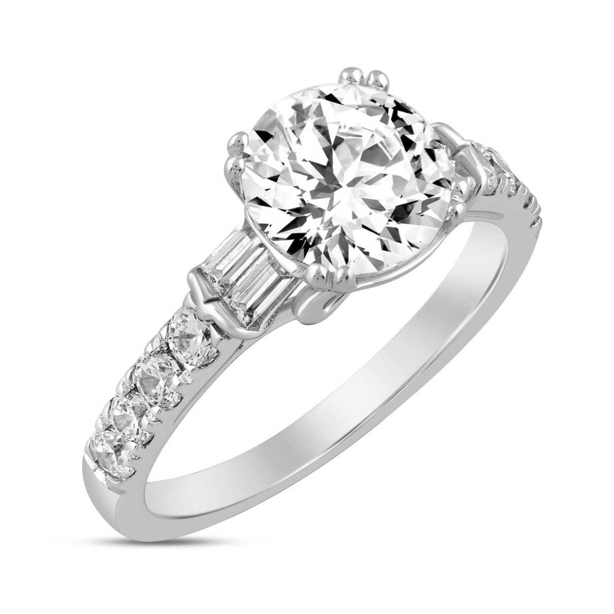 LADIES RING 2 1/2CT ROUND/BAGUETTE DIAMOND 14K WHITE GOLD (CENTER STONE ROUND DIAMOND 2CT )