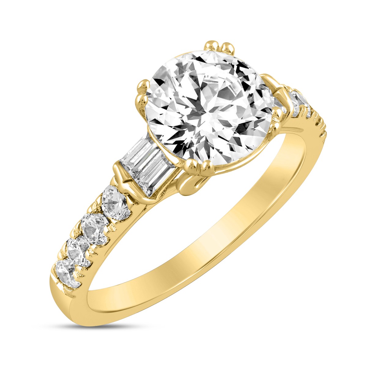 LADIES RING 2 1/2CT ROUND/BAGUETTE DIAMOND 14K YELLOW GOLD (CENTER STONE ROUND DIAMOND 2CT )