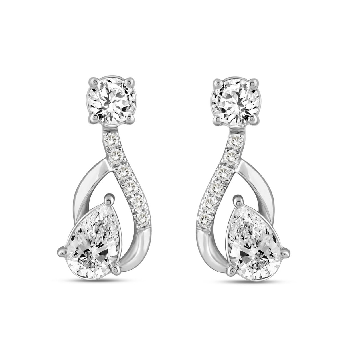 LADIES EARRINGS 1 1/2CT ROUND/PEAR DIAMOND 14K WHITE GOLD (CENTER STONE PEAR DIAMOND 1.00CT)