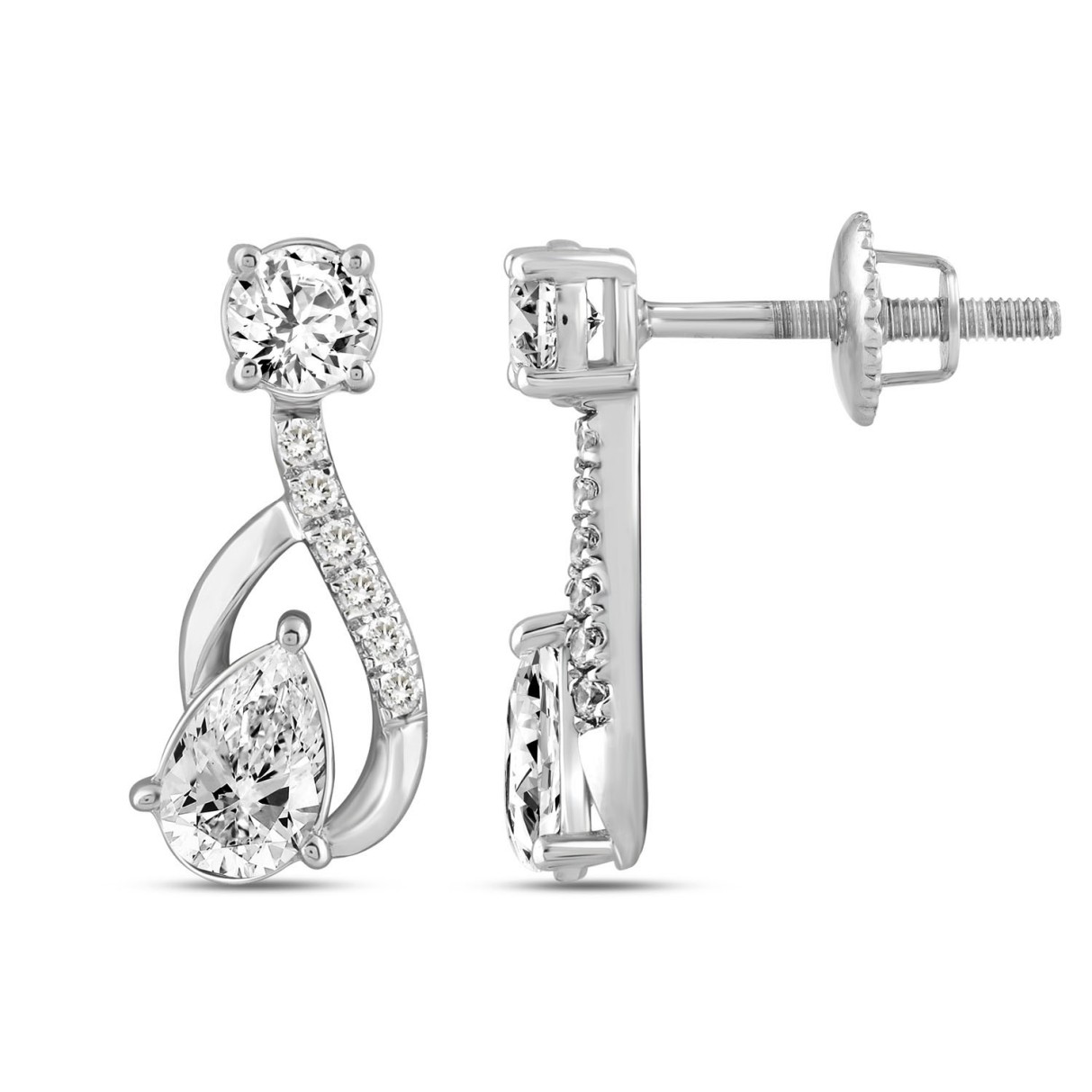 LADIES EARRINGS 1 1/2CT ROUND/PEAR DIAMOND 14K WHITE GOLD (CENTER STONE PEAR DIAMOND 1.00CT)