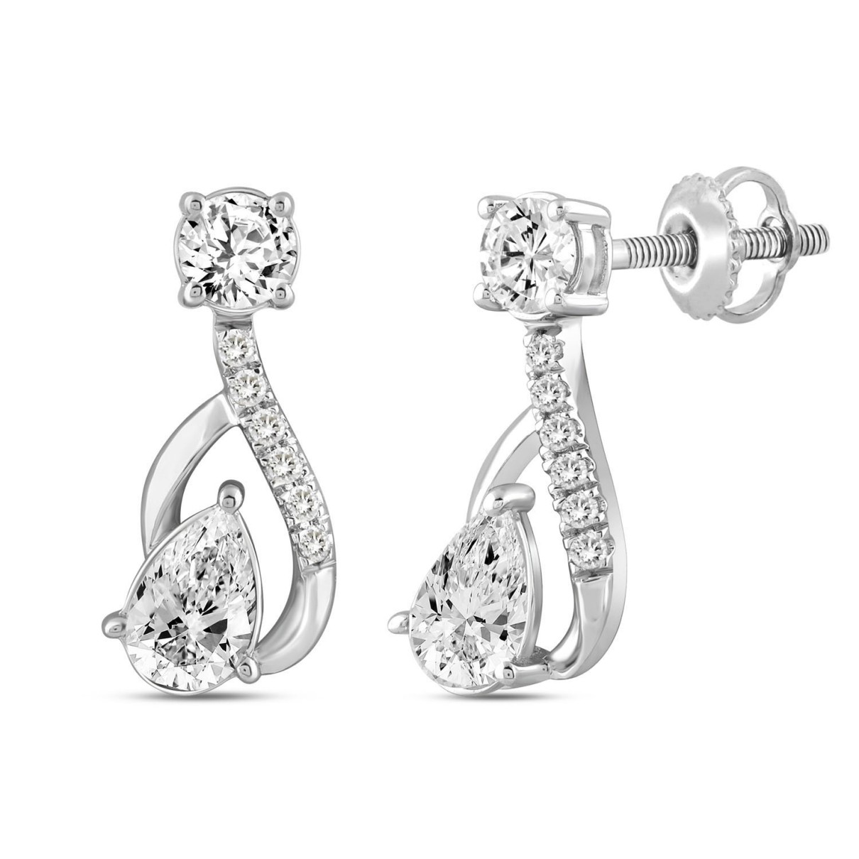 LADIES EARRINGS 1 1/2CT ROUND/PEAR DIAMOND 14K WHITE GOLD (CENTER STONE PEAR DIAMOND 1.00CT)