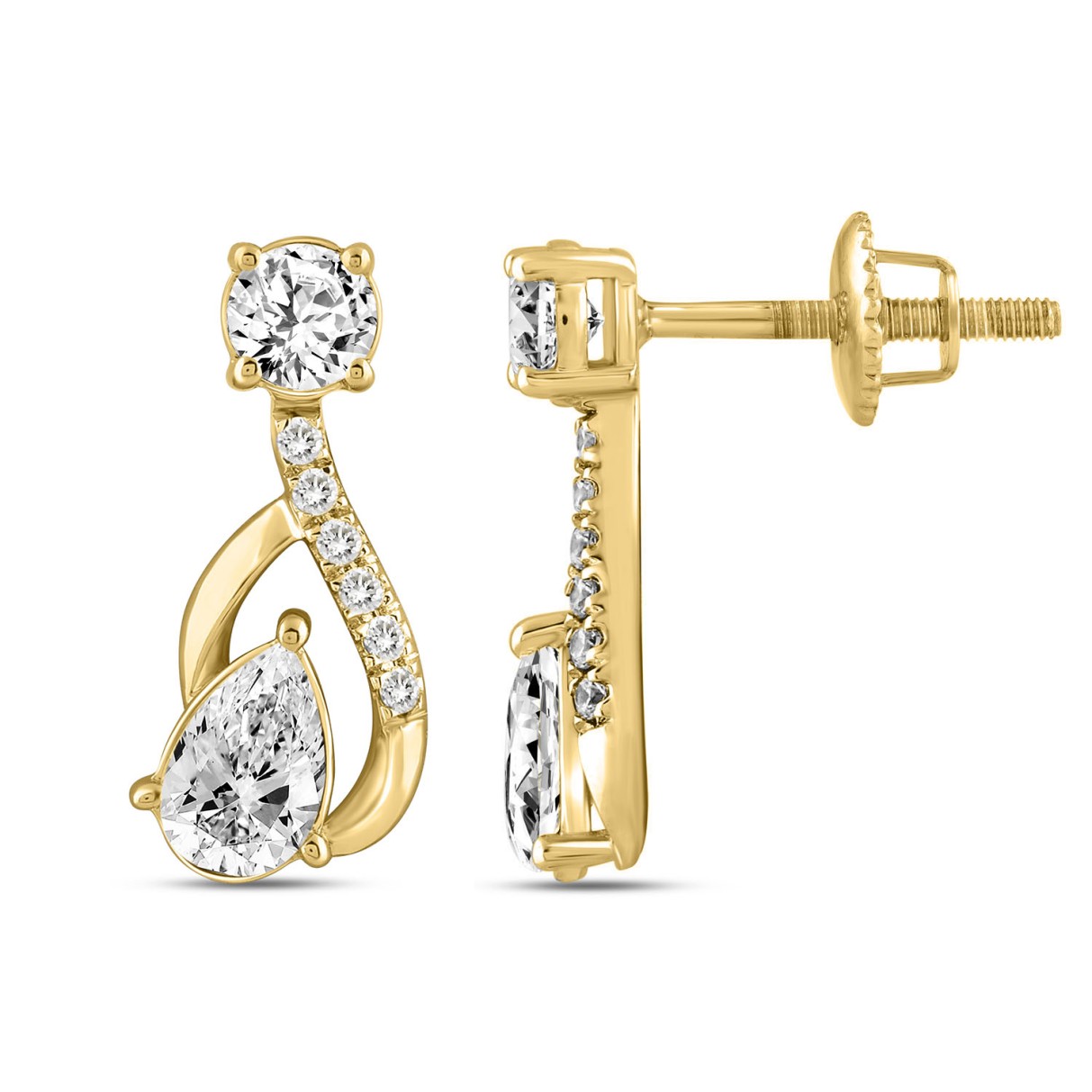 LADIES EARRINGS 1 1/2CT ROUND/PEAR DIAMOND 14K YELLOW GOLD (CENTER STONE PEAR DIAMOND 1CT)