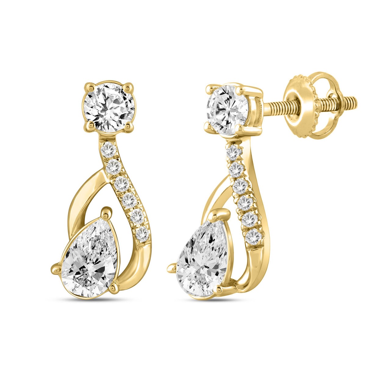 LADIES EARRINGS 1 1/2CT ROUND/PEAR DIAMOND 14K YELLOW GOLD (CENTER STONE PEAR DIAMOND 1CT)