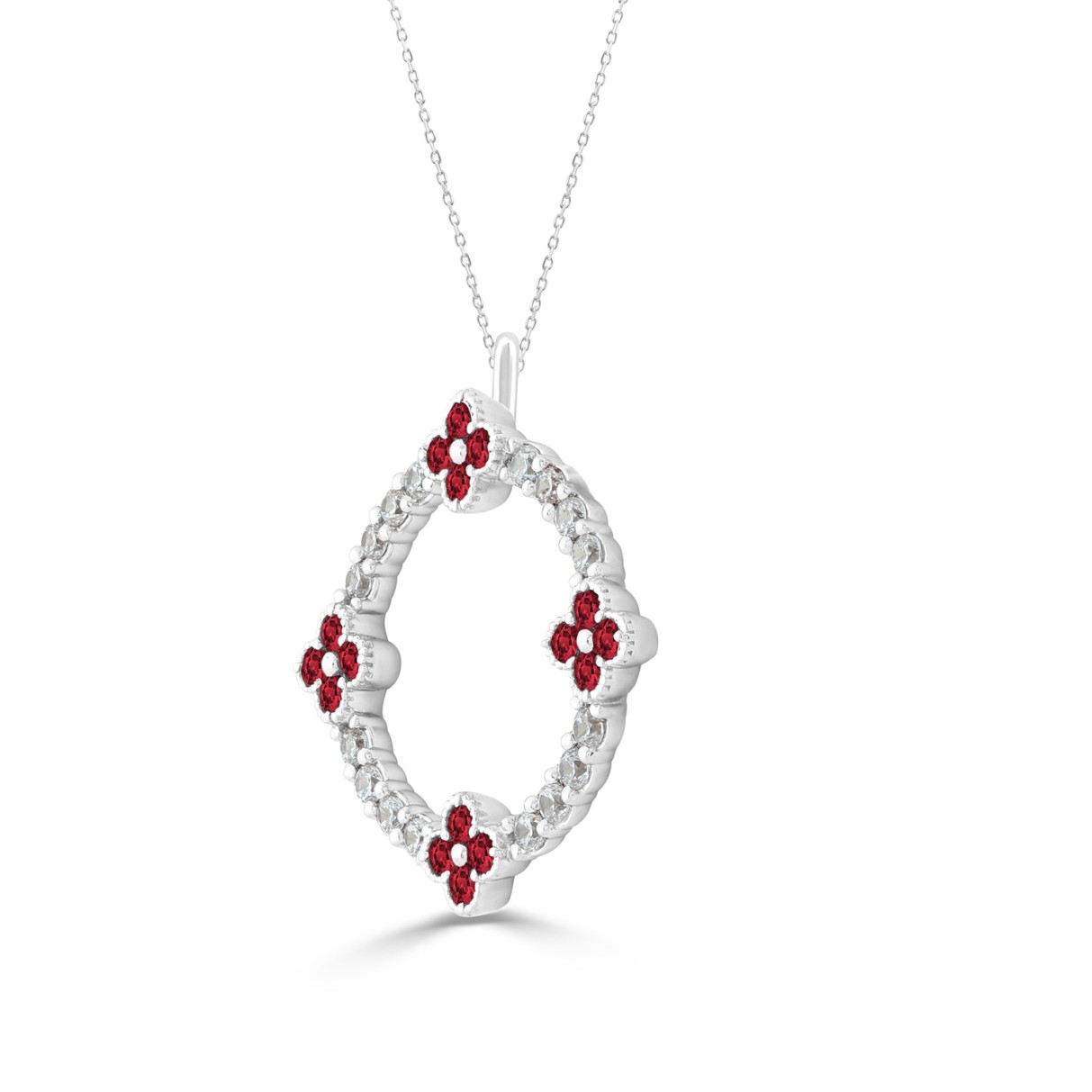 14K WHITE GOLD 5/8CT ROUND/ROUND RUBY DIAMOND LADIES PENDANT WITH CHAIN