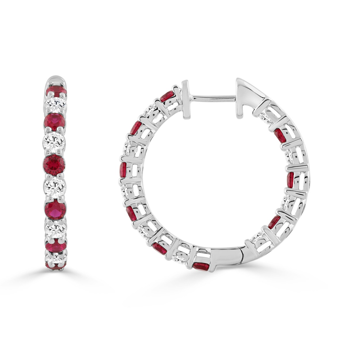 14K WHITE GOLD 3 3/8CT ROUND/RUBY ROUND DIAMOND LADIES HOOPS EARRING