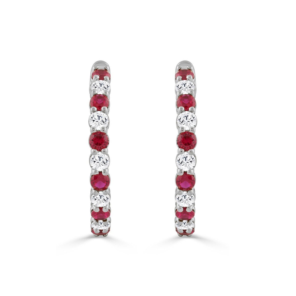 14K WHITE GOLD 3 3/8CT ROUND/RUBY ROUND DIAMOND LADIES HOOPS EARRING